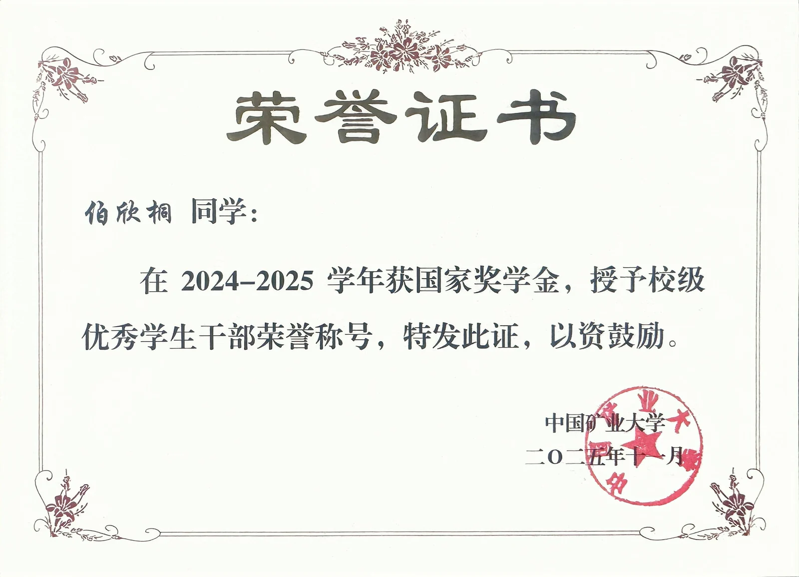 伯欣桐国家奖学金荣誉证书