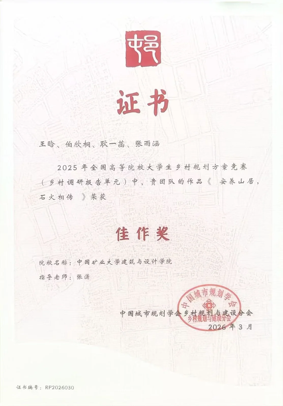乡村调研报告单元佳作奖证书